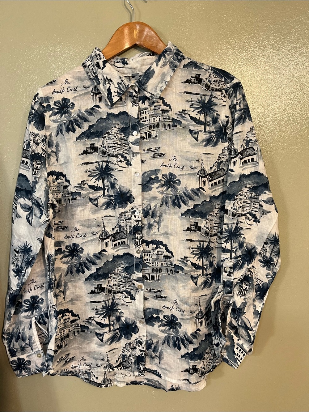 Cynthia Rowley Blue White Scenic Print Button-Up Shirt 100% Linen Tropical L